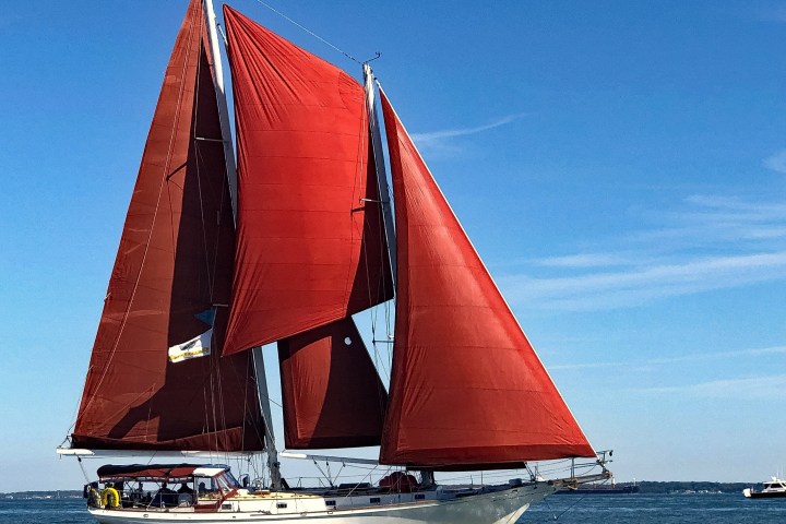 Sailboat with red sails on calm water under a blue sky.